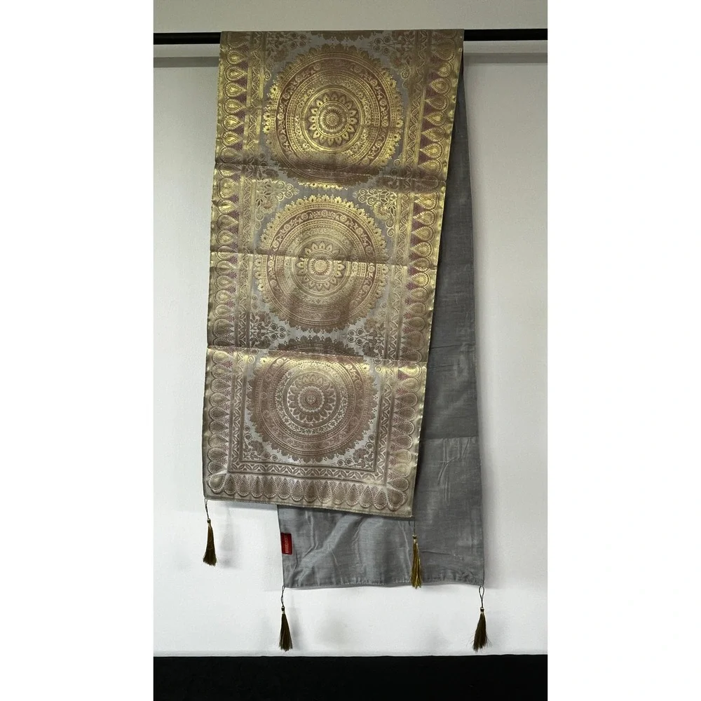 Banarsi Designs Gold Grey Mandala Brocade Silk Table Runner Tassels New 16
